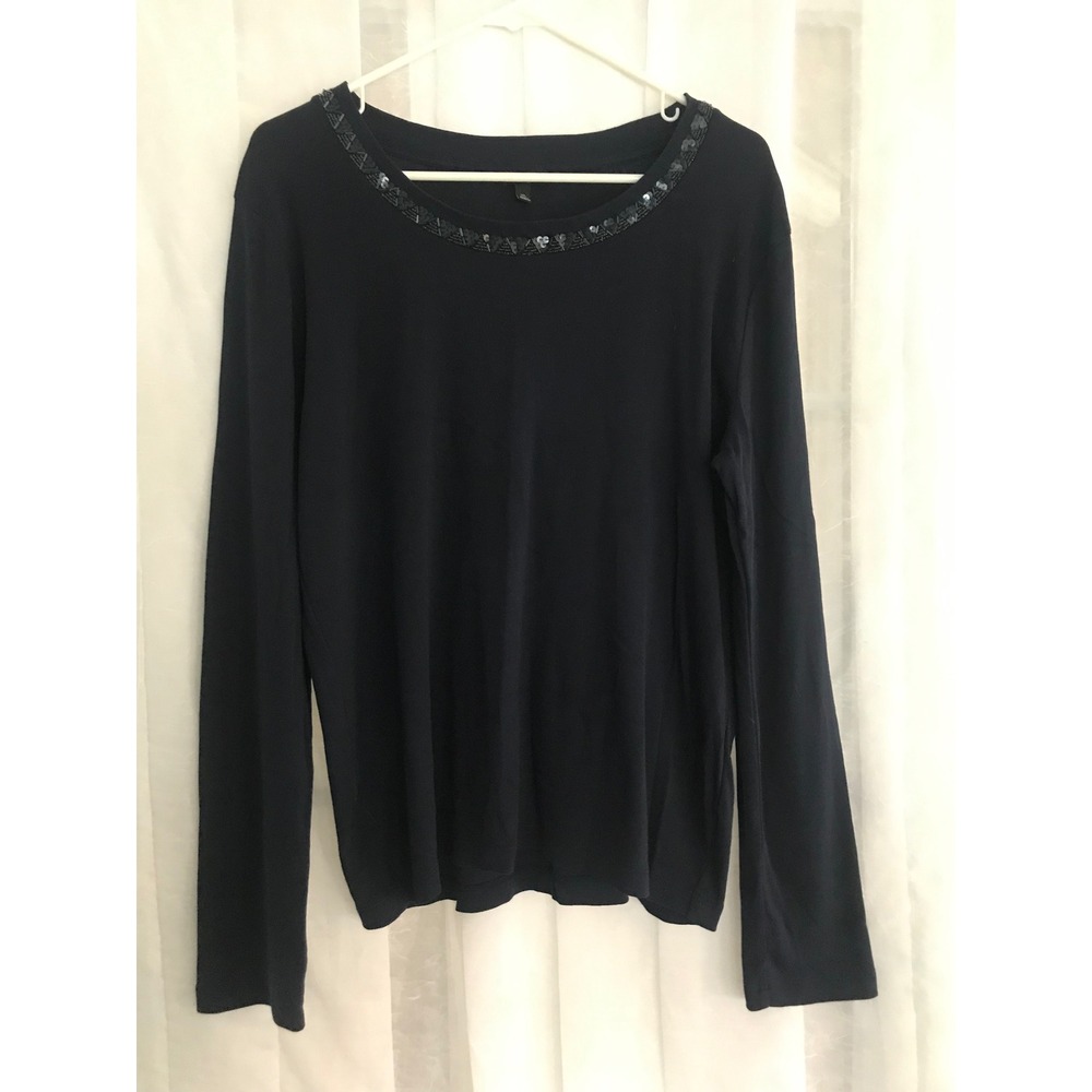 Talbots Womens XL Navy Blue 100% Cotton Long Sleeve Sequin Embellished Neck Top